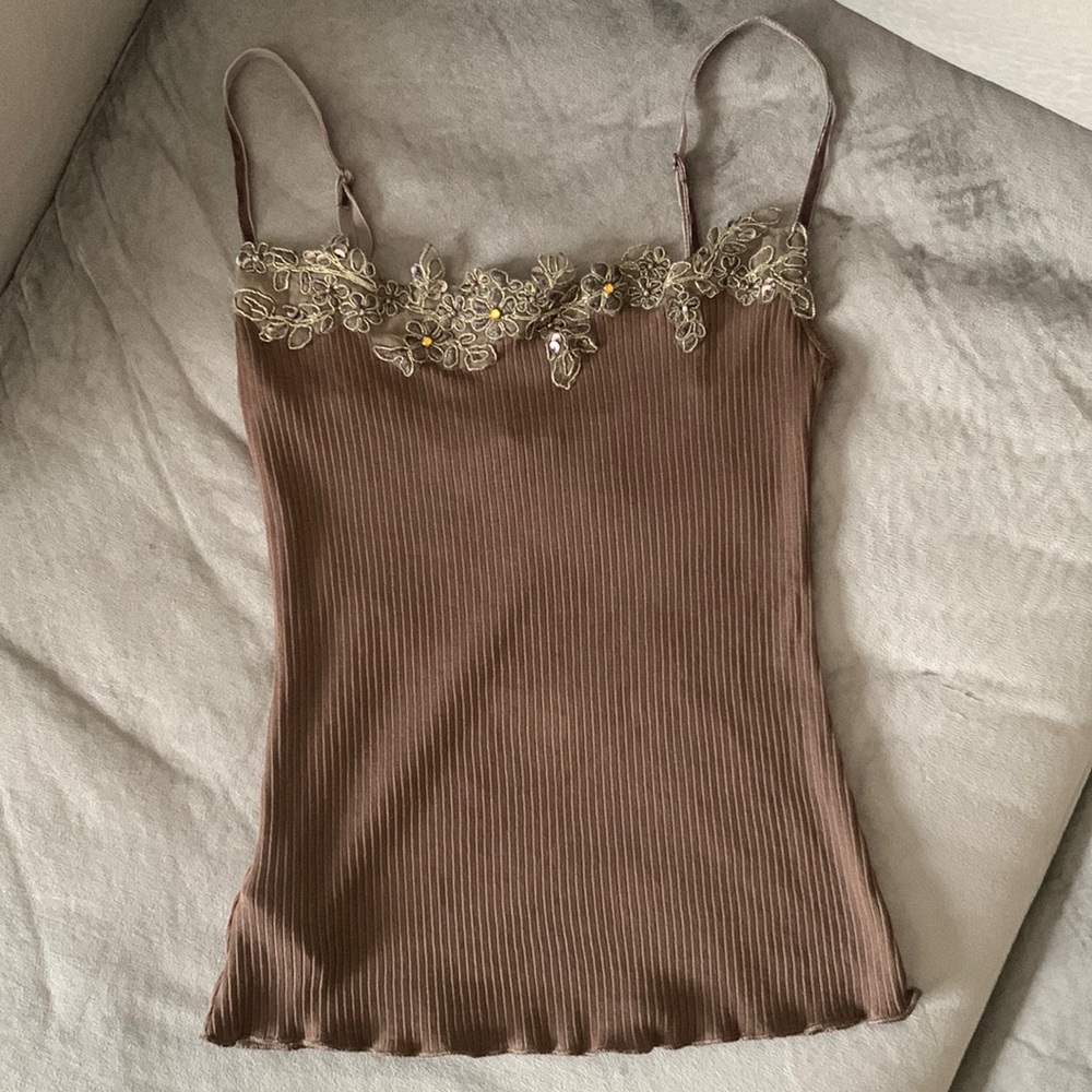 MNG brown top with green details and yellow and purple studs, pearls and sequins